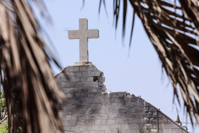 A view of the damage to the Holy Family church in Gaza City following an Israeli strike on the church, in the Zeitoun neighborhood of Gaza City on July 17, 2025. An Israeli strike on Gaza's only Catholic church killed two people on July 17, the Latin Patr