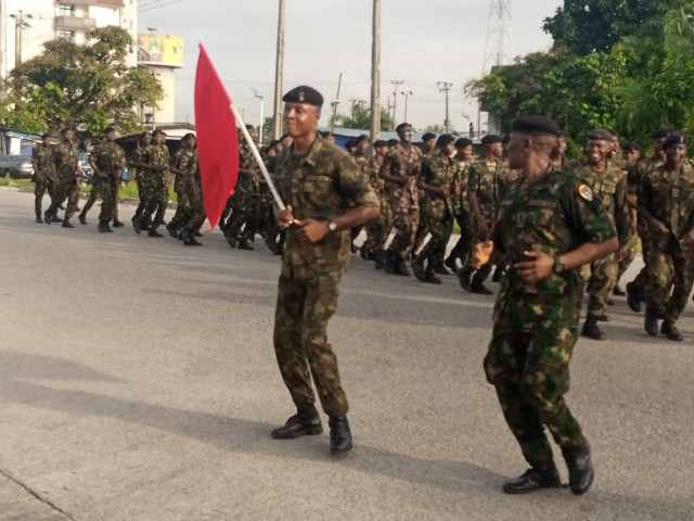 Naval officers and ratings of the NNS-Delta participating in the quarterly Route March on Saturday