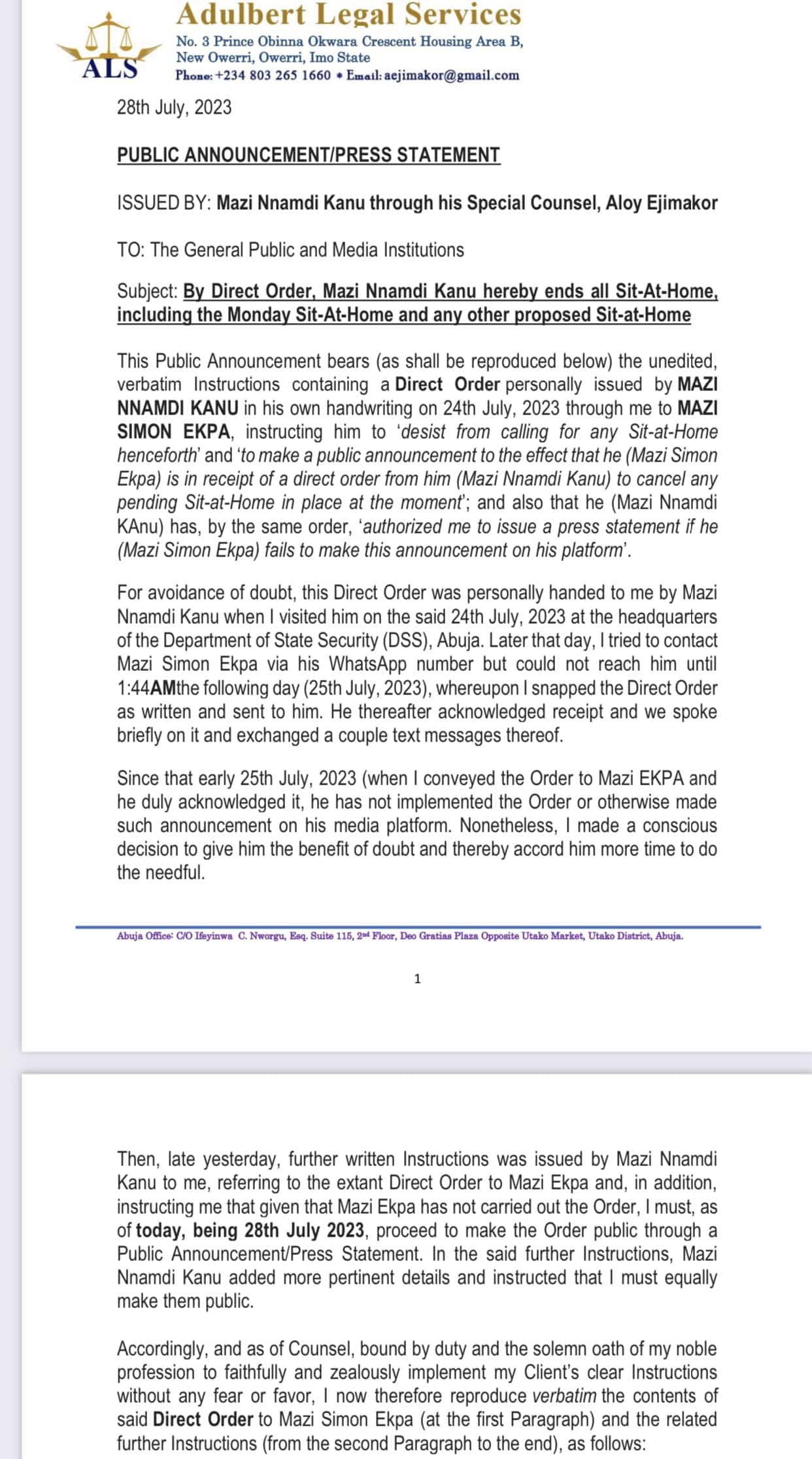 Adulbart Legal Services Public Announcement PR
