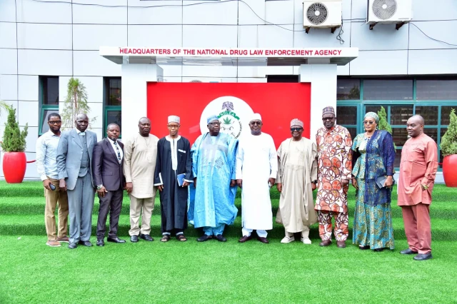 Representatives of the PSC and NDLEA during a courtesy visit by the PSC Chairman, retired Deputy Inspector General of Police, Hashimu Argungu, to the Chairman and Chief Executive of the NDLEA, Brigadier General Mohamed Marwa (retd.), at the agency’s headq