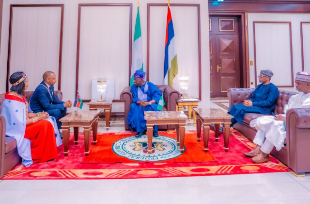 President Bola Tinubu with the Burundi Ambassador to Nigeria, Edouard Nduwimana; the Philippines Ambassador to Nigeria, Mersole Mellejor and the High Commissioner of Kenya to Nigeria, Isaac Parashina at Aso Rock on Friday
