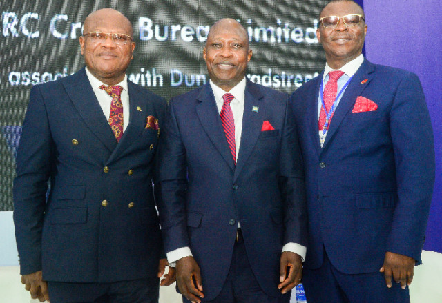 L-R: President, Chartered lnstitute of Bankers of Nigeria, Prof. Pius Olanrewaju, Group Managing Director/CEO, CRC Credit Bureau Ltd, Dr. 'Tunde Popoola and Chairman, CRC Credit Bureau Board of Directors, Mr. Joel Owoade during CRC Finance and Credit Conf
