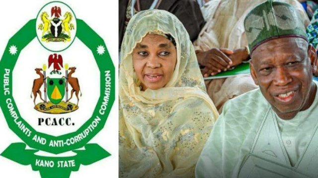 Logo of Kano state PCACC and the National Chairman of the All Progressives Congress, Dr. Abdullahi Ganduje and wife, Hafsat