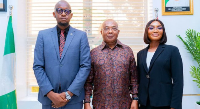 Chinonso Oparaji, Imo State Governor,  Hope Uzodimma and Chipuruime Udeh when the first-class graduates were presented to Governor at the Government House in Owerri