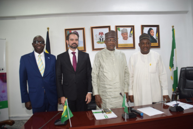 L-R: Vice President Interpol Africa) Rt, AIG Umar Garba; Vice President (INTERPOL) Mr. Valdecy Urquiza; Minister of Police Affairs, Senator Ibrahim Gaidam and Permanent Secretary, Dr. Nasir Sani Gwarzo during the visit of the INTERPOL team led by its Vice