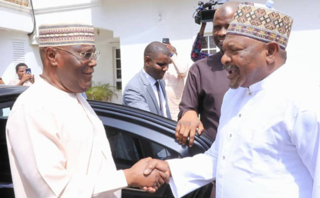 Former Vice President Atiku Abubakar and Senator representing Bauchi Central, Abdul Ningi during a solidarity visit to Ningi on Monday