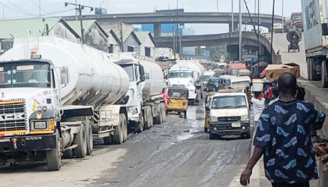 Trucks parked on Ijora Road