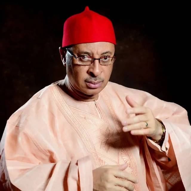Prof. Pat Utomi wearing a red cap and traditional Nigerian attire